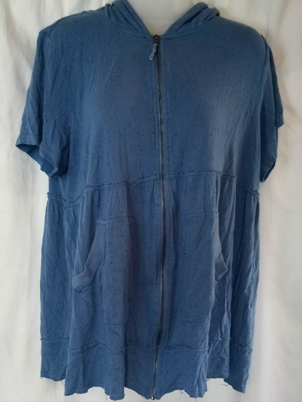 evy's tree Blue Short-Sleeve Zip Hoodie Black Speckled Pockets Lagenlook Soft